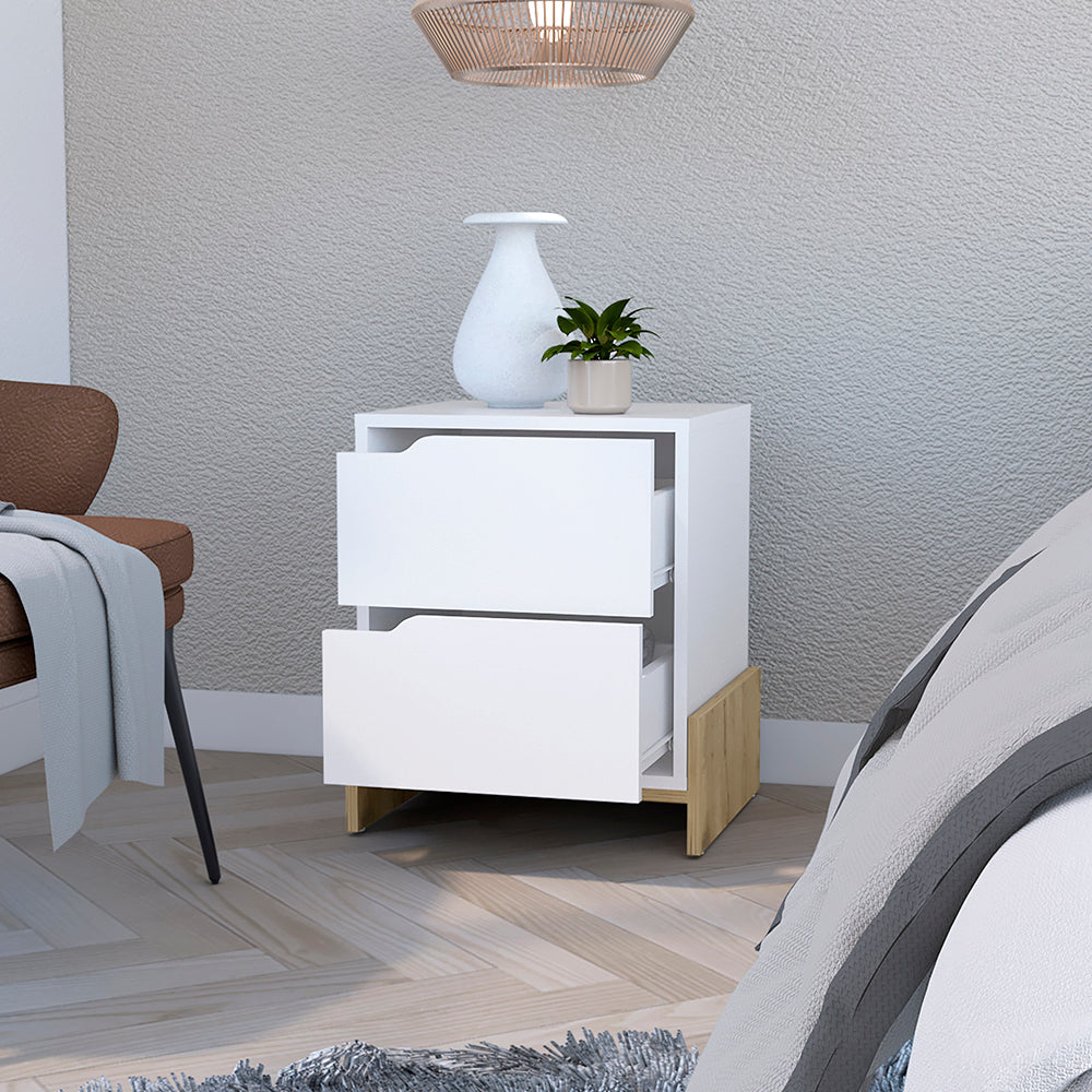 White/Macadamia Nightstand Bedside Table - Double Drawers, Sturdy Base