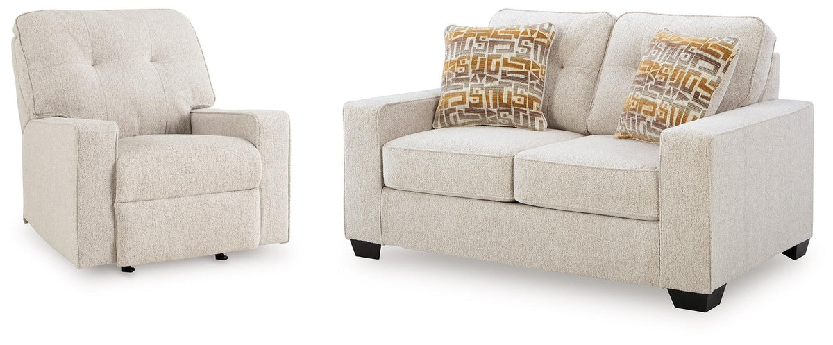 Beige fabric recliner chair and sofa with tufted cushions and patterned throw pillows