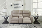 Pebble reclining loveseat with console and plush back cushions, shown from front.
