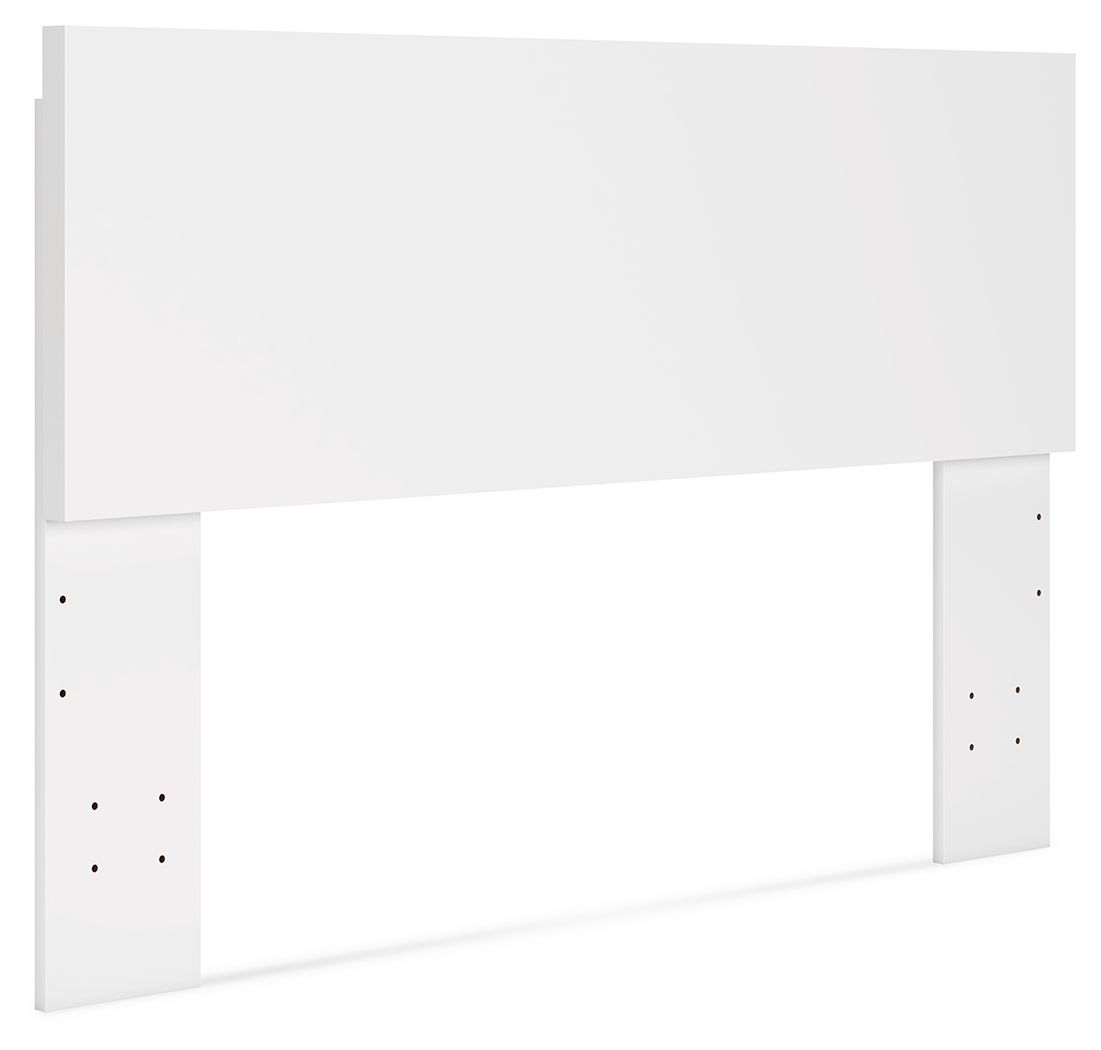 White panel headboard with side posts and small metal nailhead accents