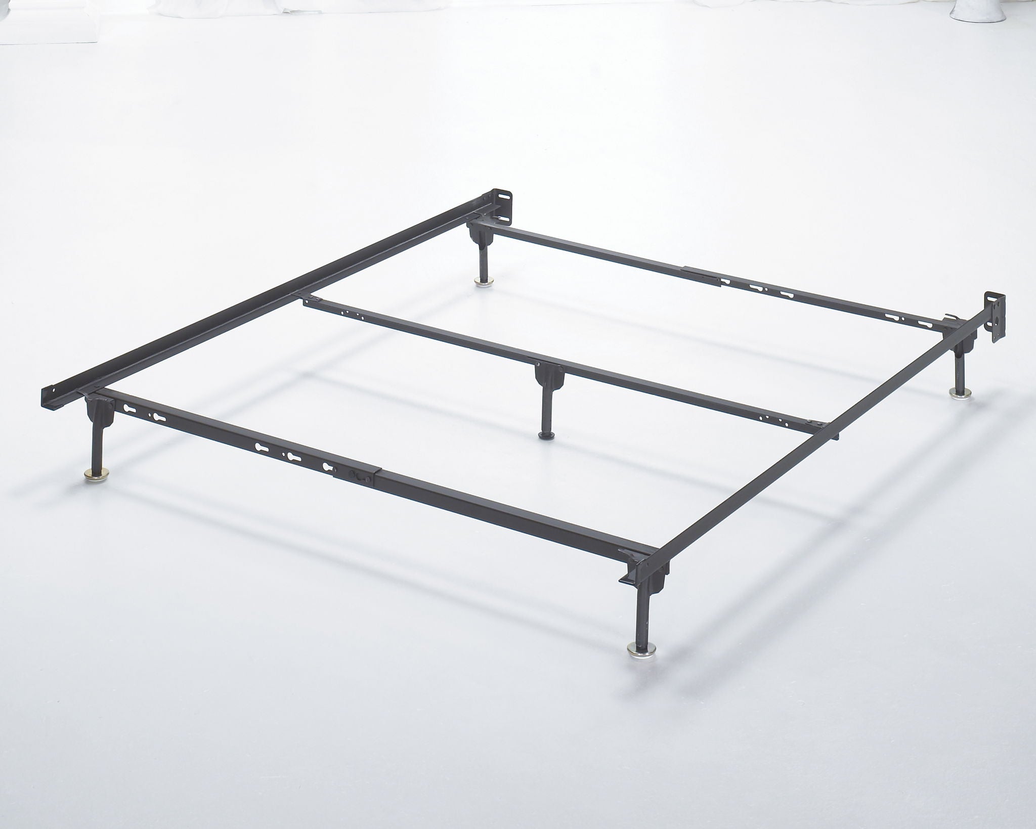 Queen platform bed frame with metal rails and adjustable support legs