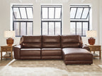 Dark brown power reclining sofa sectional with extended chaise and padded headrests