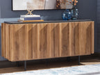 Wood accent cabinet with charcoal top and four paneled doors on black legs