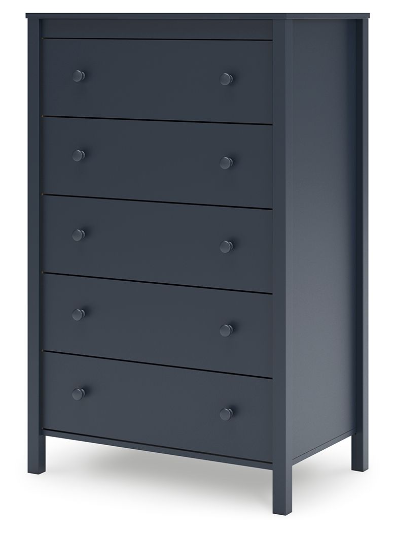 Navy blue five-drawer chest with round knobs and tall side panels