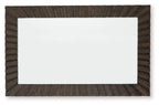Dark brown slatted accent mirror with wide rectangular glass panel, horizontal view