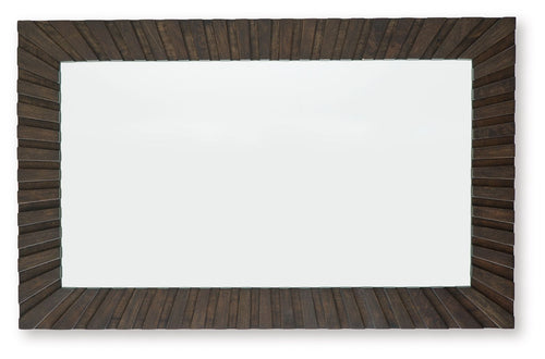 Dark brown slatted accent mirror with wide rectangular glass panel, horizontal view