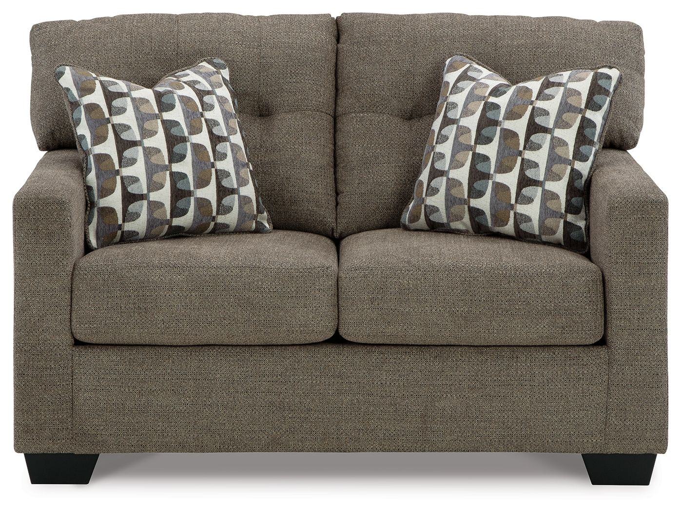 Dark brown loveseat with two patterned throw pillows and thick back cushions