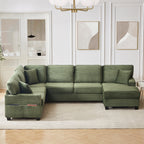 Green corduroy sectional sofa with chaise and ottoman, deep seat cushions and pillows