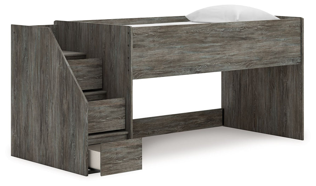 Gray loft bed with storage stairs and open space under the main frame