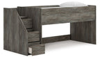 Gray loft bed with storage stairs and open space under the main frame