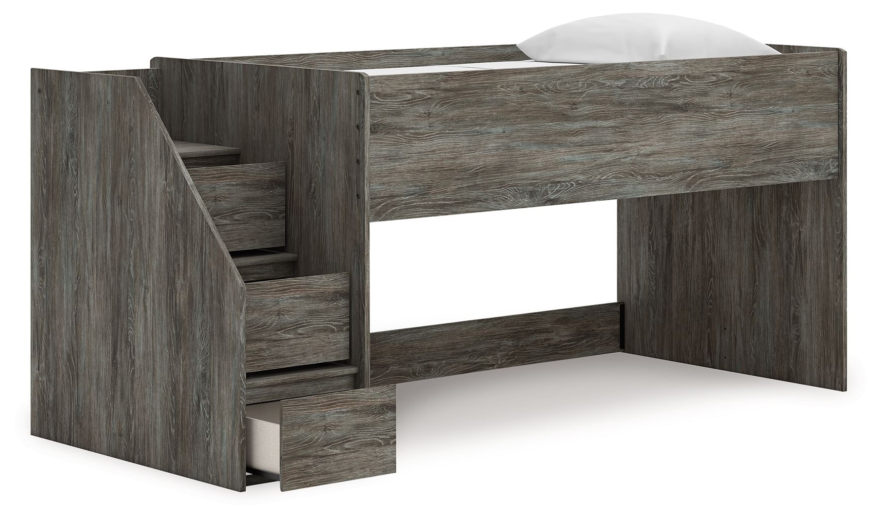 Gray loft bed with storage stairs and open space under the main frame