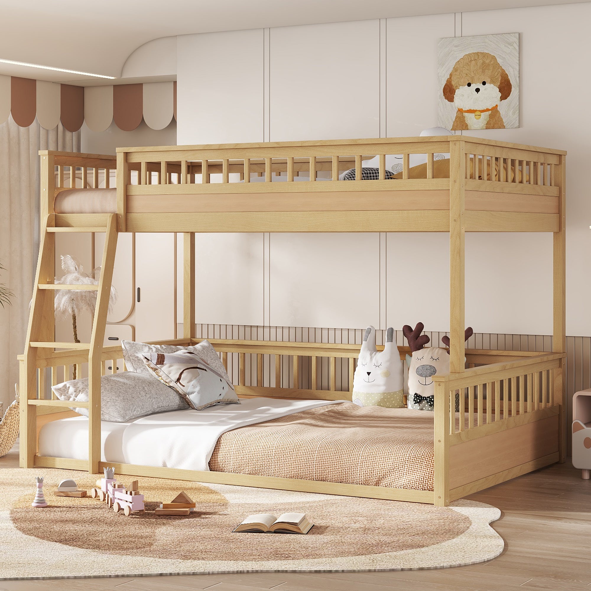 Natural Full XL over Queen Bunk Bed with Ladder & Guardrails