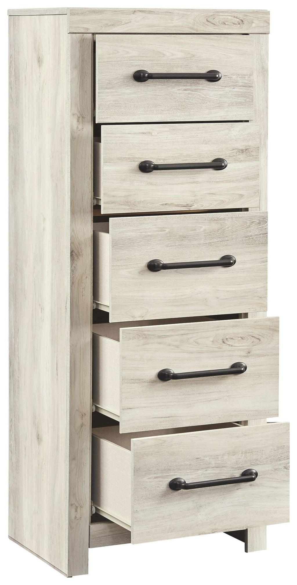Whitewash chest of drawers with five open drawers and black bar handles, side profile