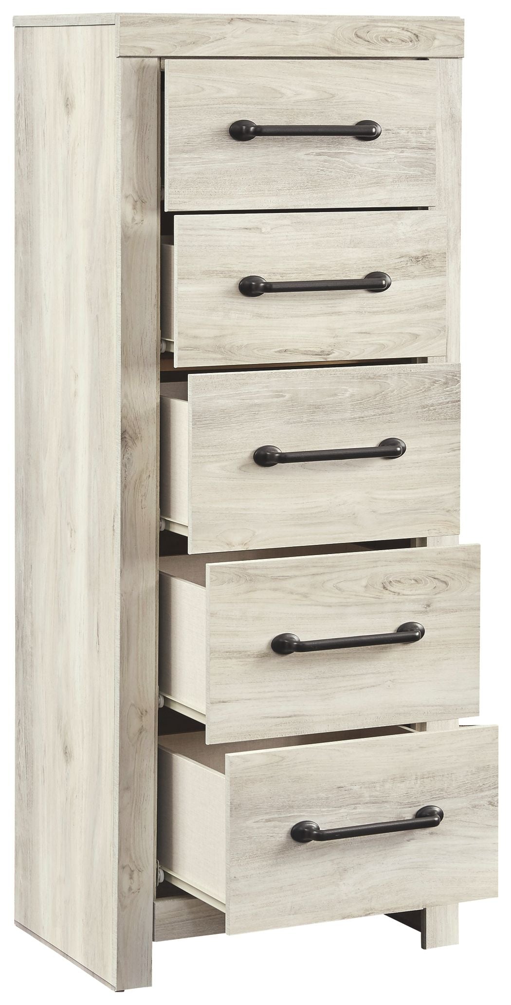 Whitewash chest of drawers with five open drawers and black bar handles, side profile