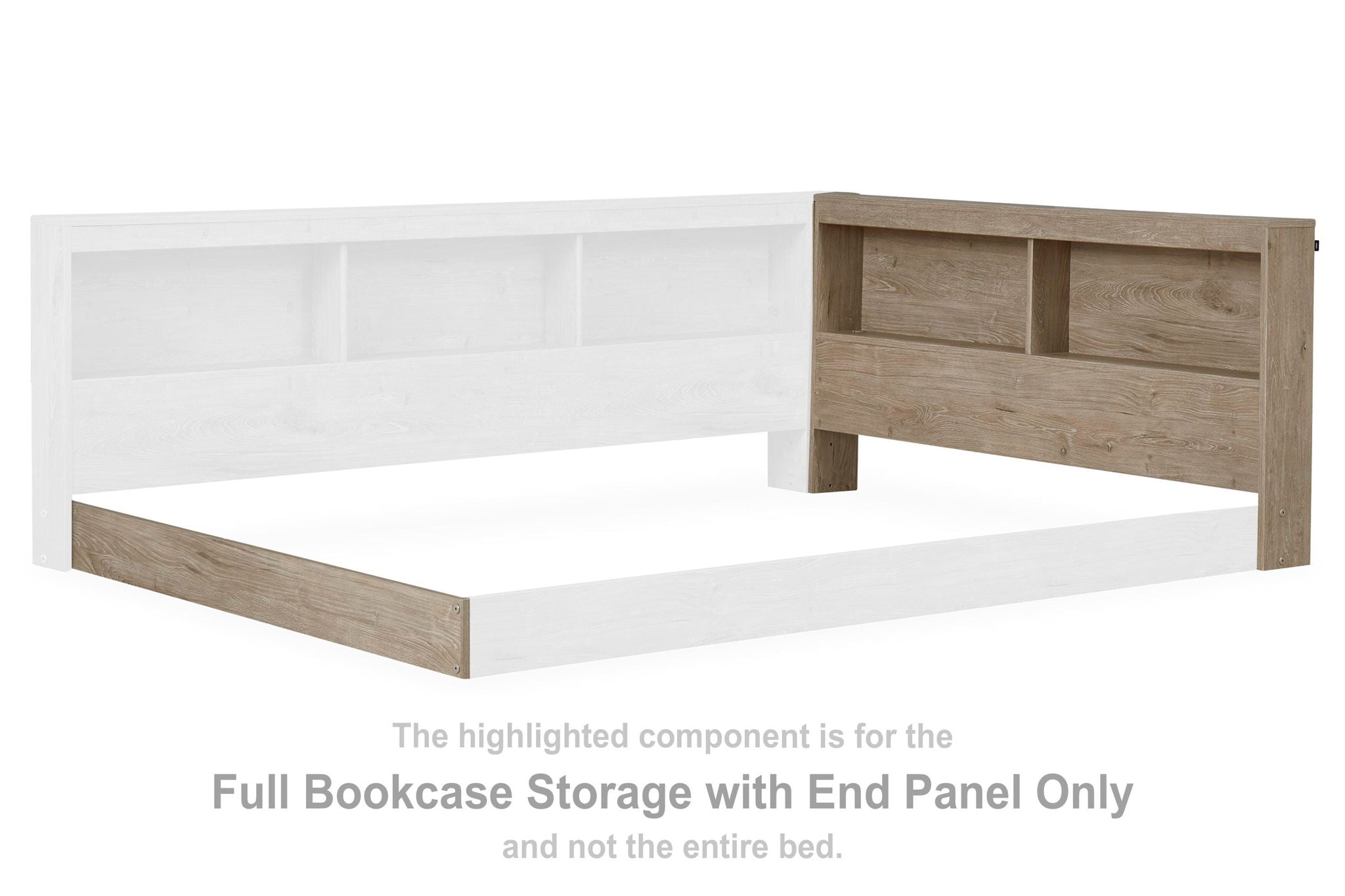 Bookcase storage unit with natural wood end panel, open shelves, white interior