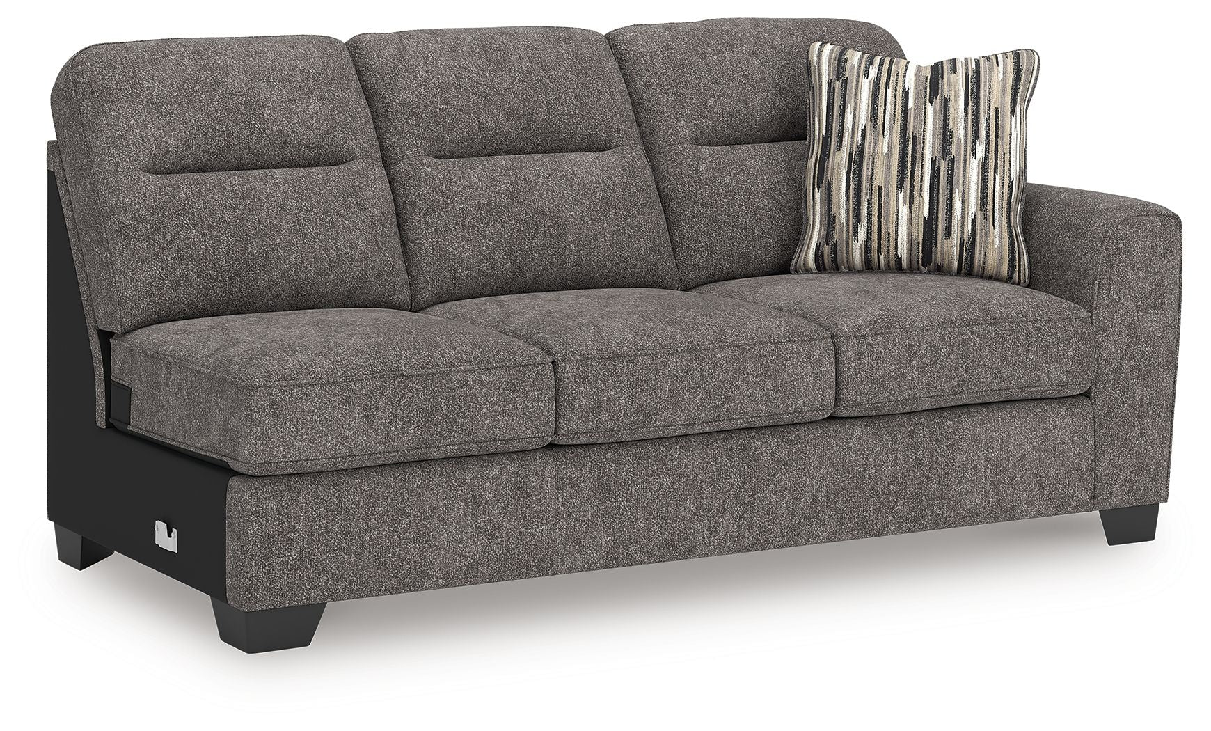 Graphite gray fabric sofa with chaise, three seat cushions, striped accent pillow
