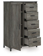 Gray wood storage cabinet with 2 doors and 5 drawers, side view with open compartments
