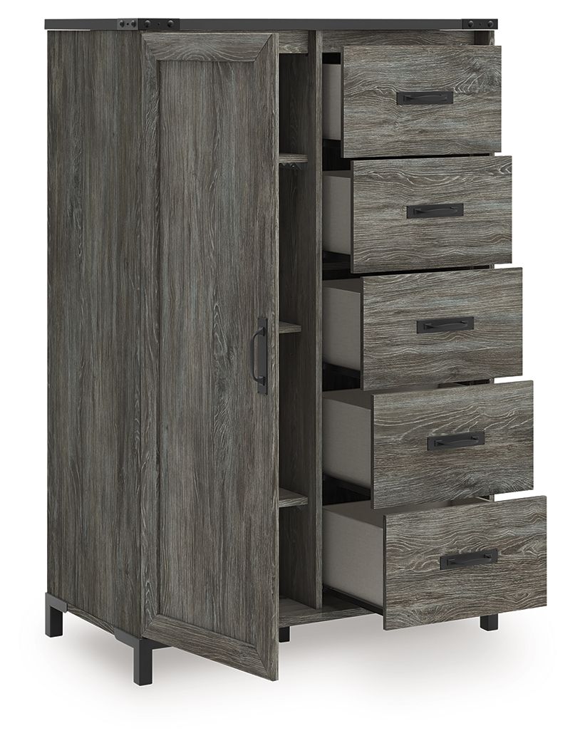 Gray wood storage cabinet with 2 doors and 5 drawers, side view with open compartments