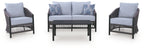 Gray outdoor loveseat with two armchairs and light gray cushions, front view