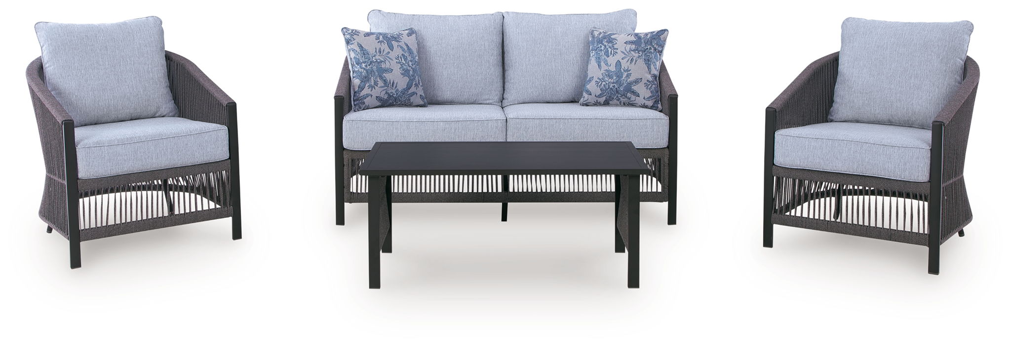 Gray outdoor loveseat with two armchairs and light gray cushions, front view