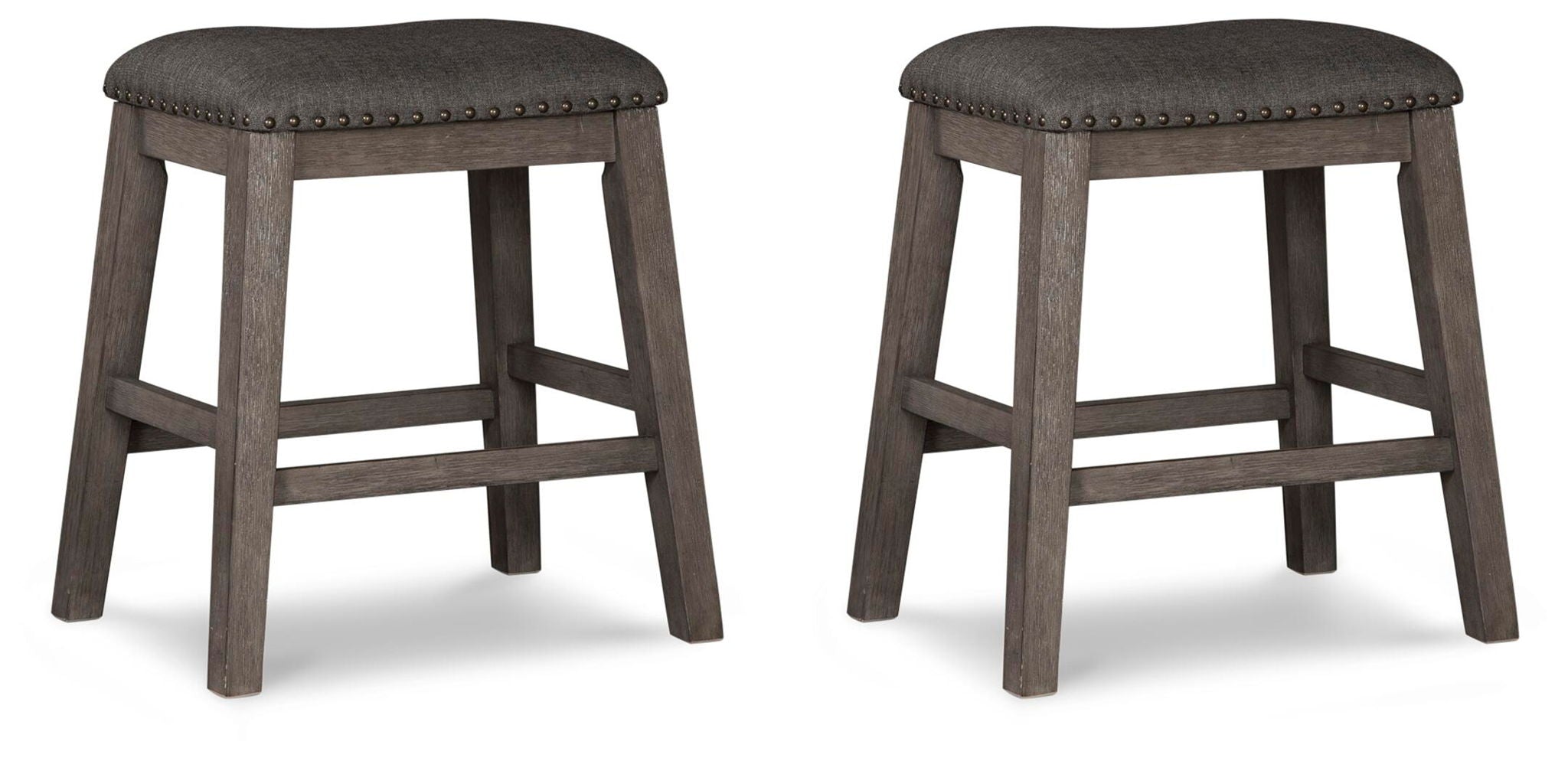 Set of 2 gray upholstered backless stools with padded round seats and wooden legs