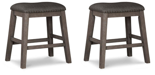 Set of 2 gray upholstered backless stools with padded round seats and wooden legs