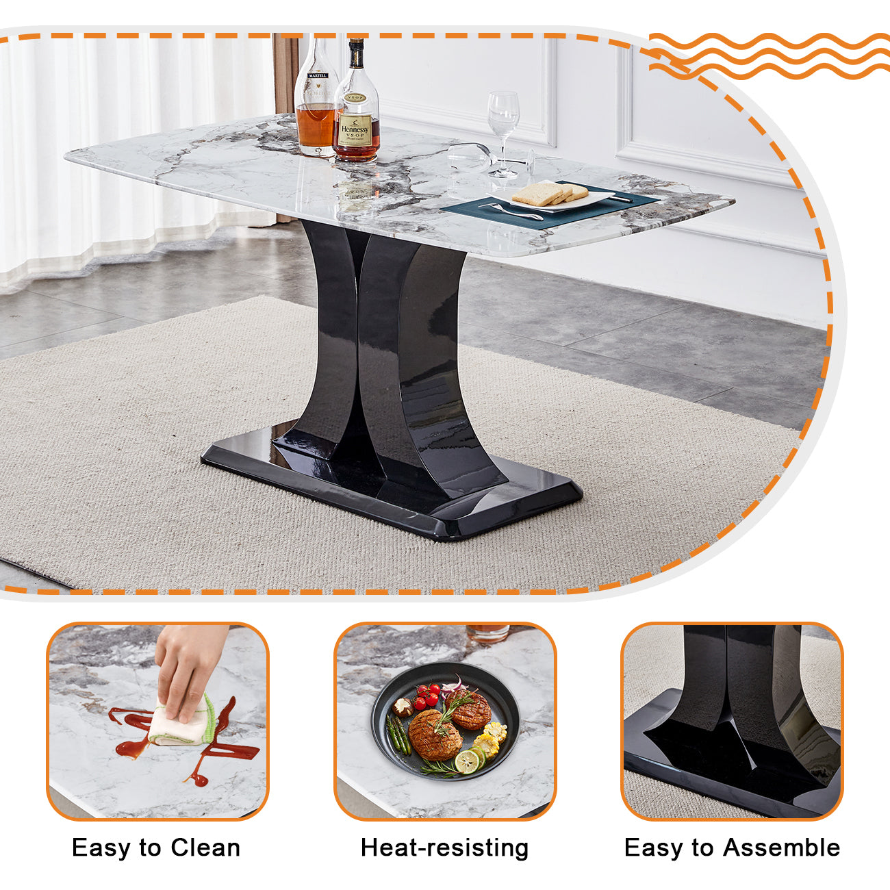 Faux Marble Dining Table Set, 6 Chairs