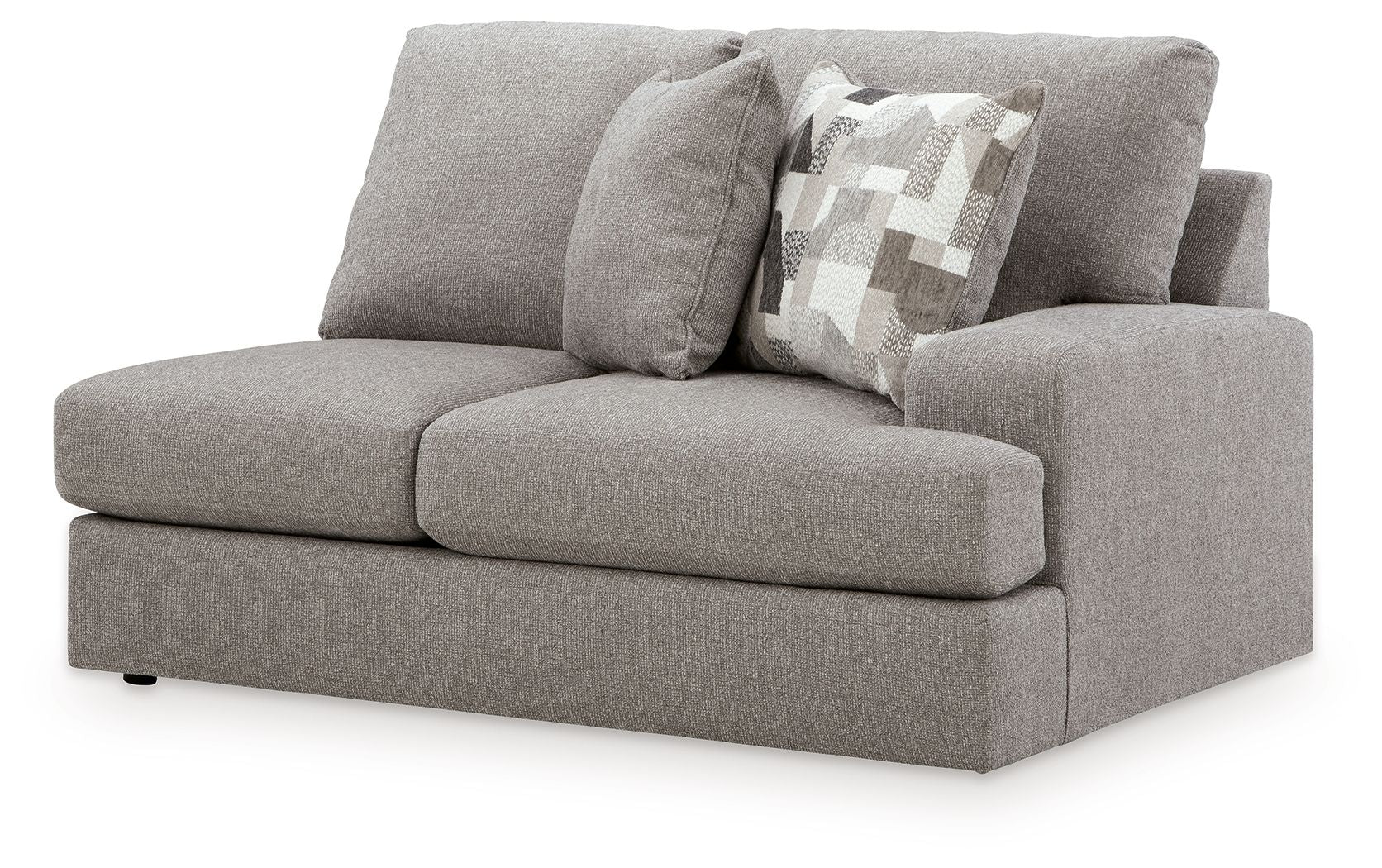 Smoke gray loveseat side view with padded arms and two seat cushions