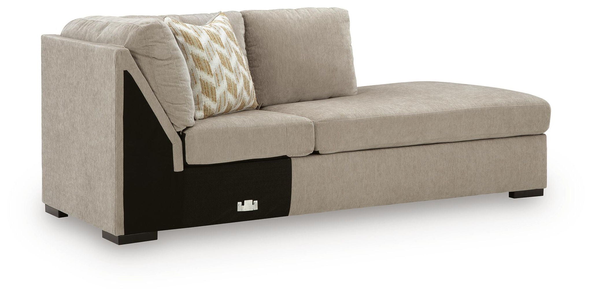 Stone fabric corner chaise with tall back, patterned throw pillow, black feet