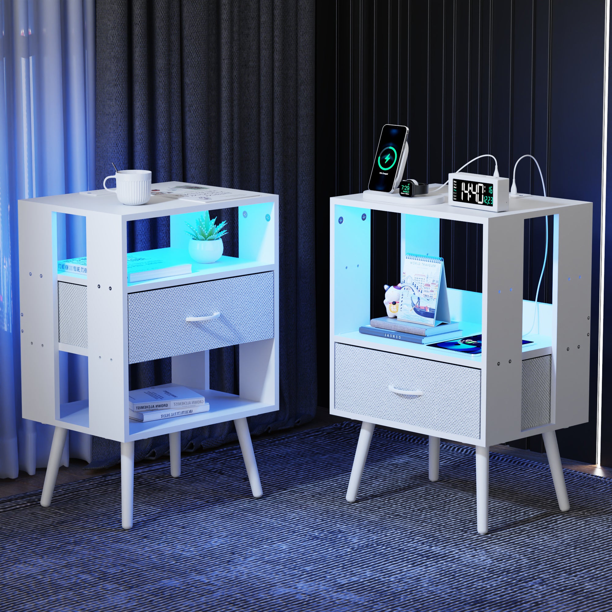 2-Pack Modern Nightstands: Charging, LED Light & Fabric Drawers