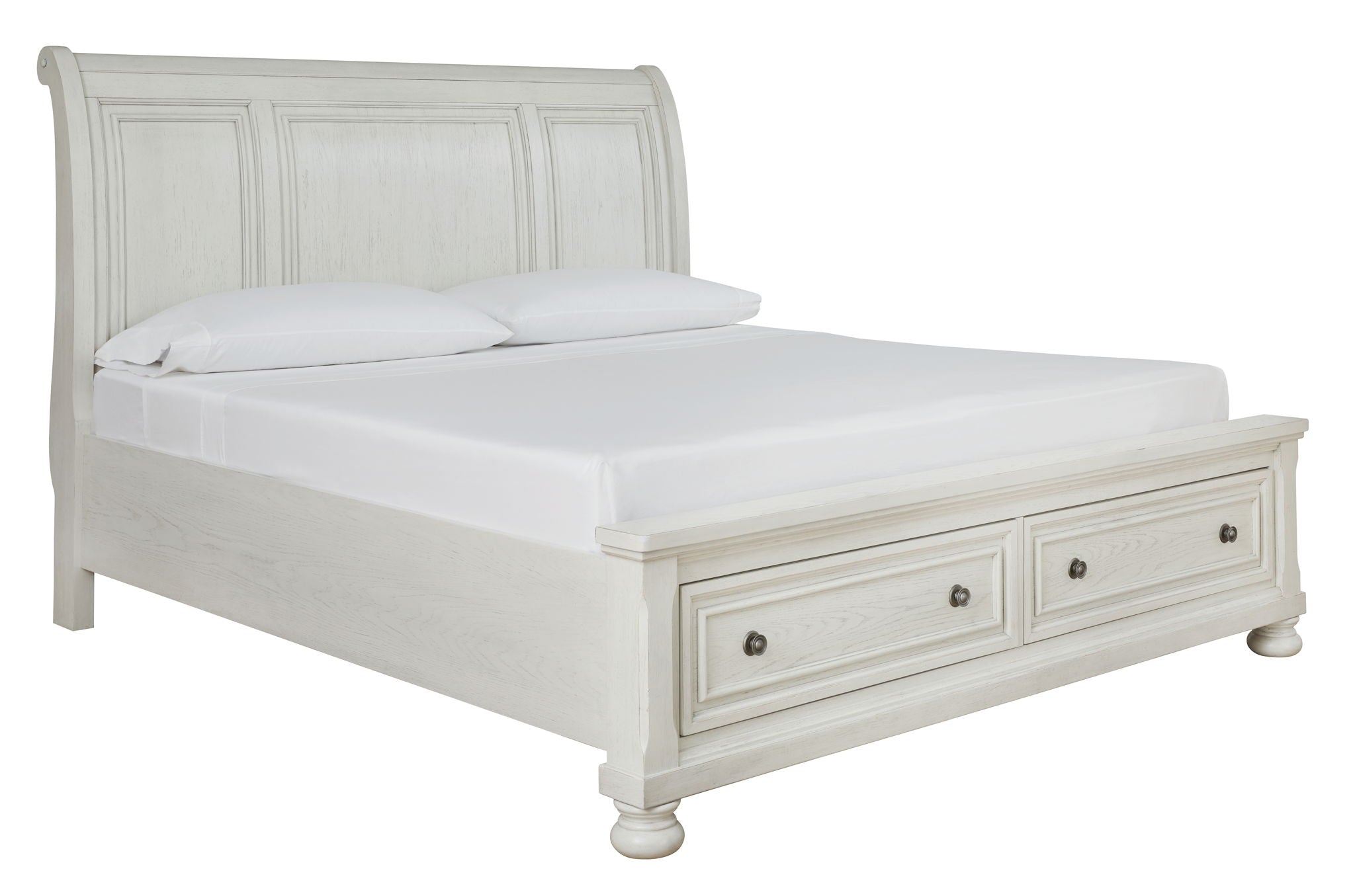 White sleigh bed with two storage drawers and paneled headboard, turned feet base.