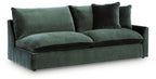 Jade green velvet sofa with two seat cushions and three back cushions, low arms