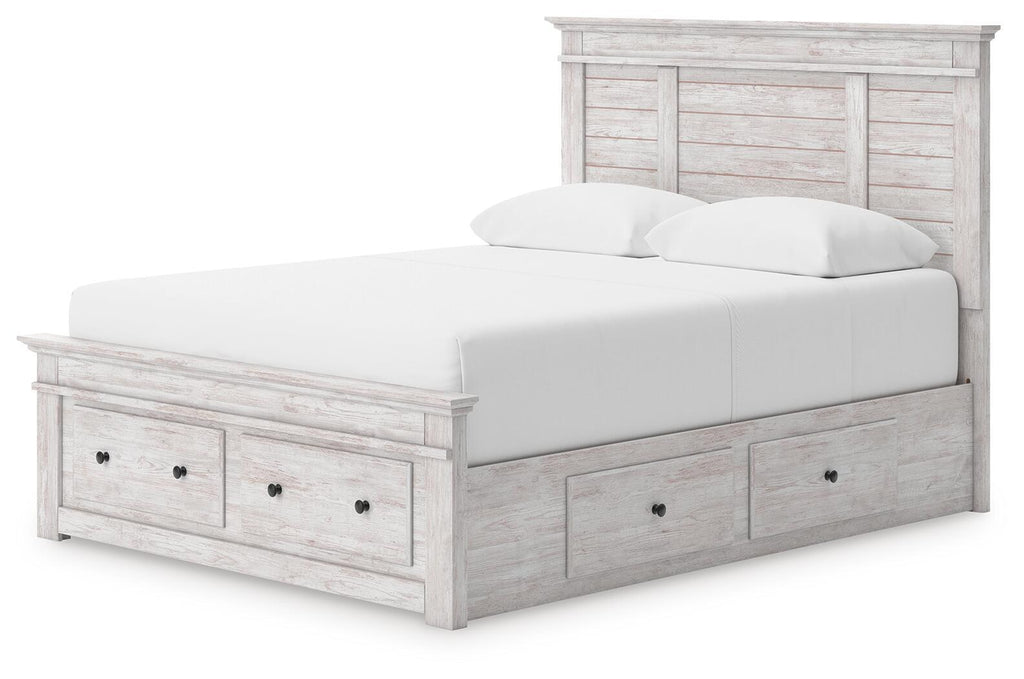 Panel storage bed with white mattress, light gray wood frame, two drawer storage front