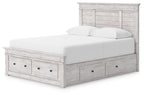 Panel storage bed with white mattress, light gray wood frame, two drawer storage front