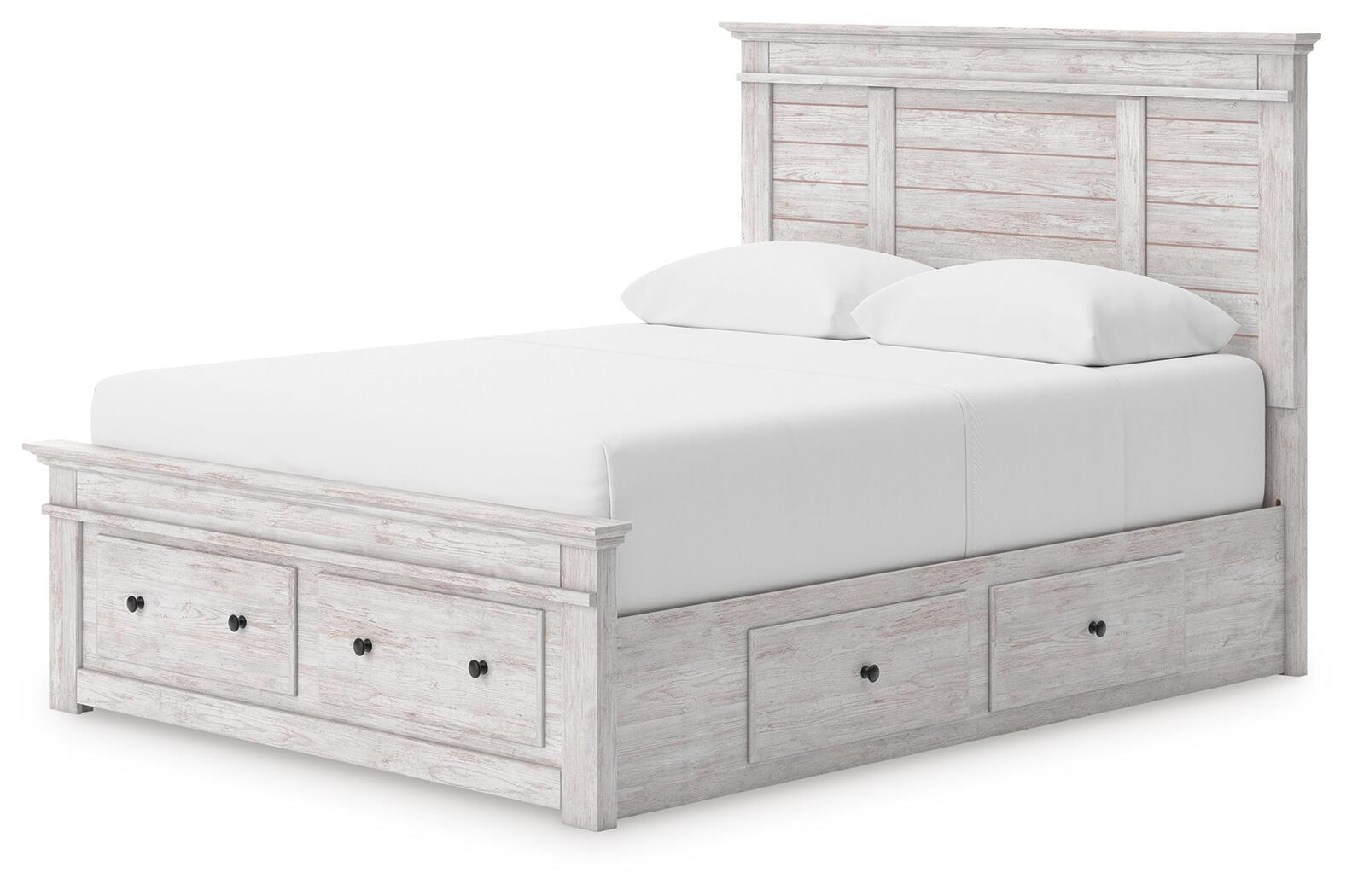 Panel storage bed with white mattress, light gray wood frame, two drawer storage front