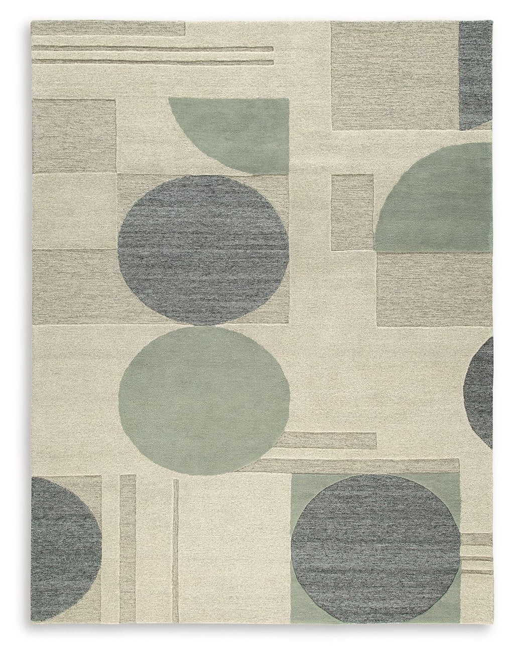 Beige area rug with abstract circles and block pattern in dark gray and sage