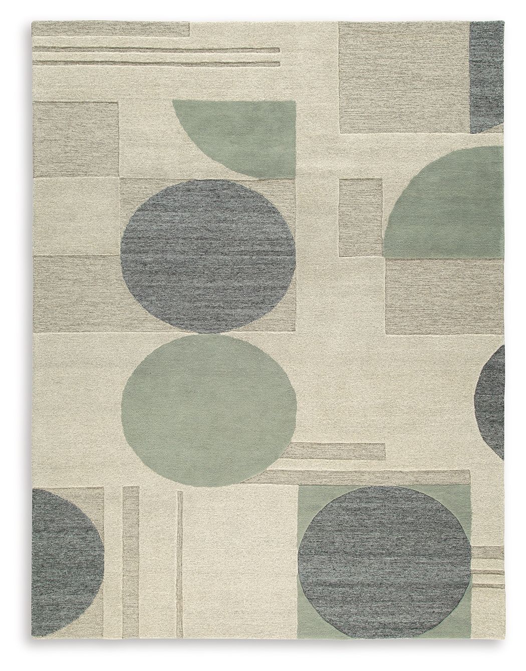 Beige area rug with abstract circles and block pattern in dark gray and sage
