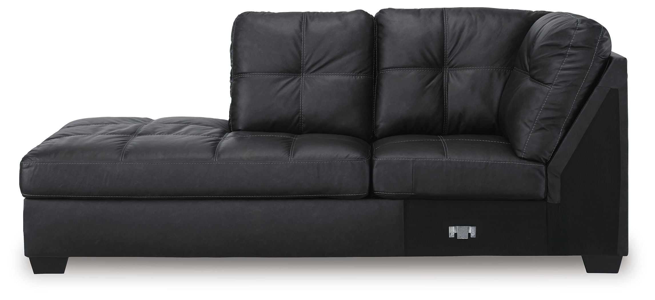 Dark corner chaise sofa with padded back cushions and straight track arms