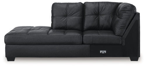 Dark corner chaise sofa with padded back cushions and straight track arms