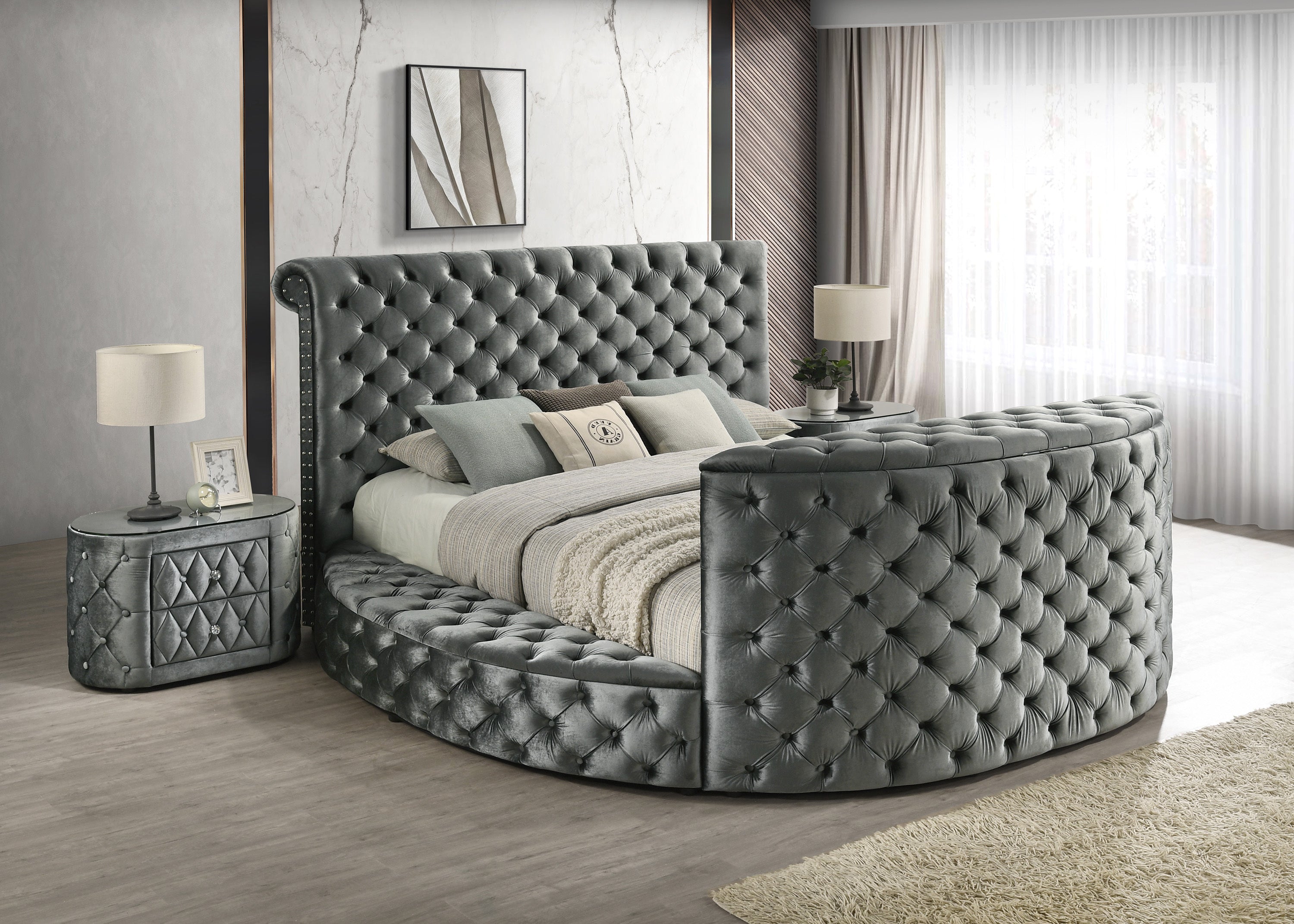 Luxurious Grey Velvet King Bed: Tufted, TV Lift, Fireplace, Storage