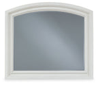 Antique white arched bedroom mirror with inner border frame