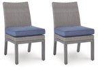 Set of 2 outdoor side chairs with blue seat cushions and gray woven backs