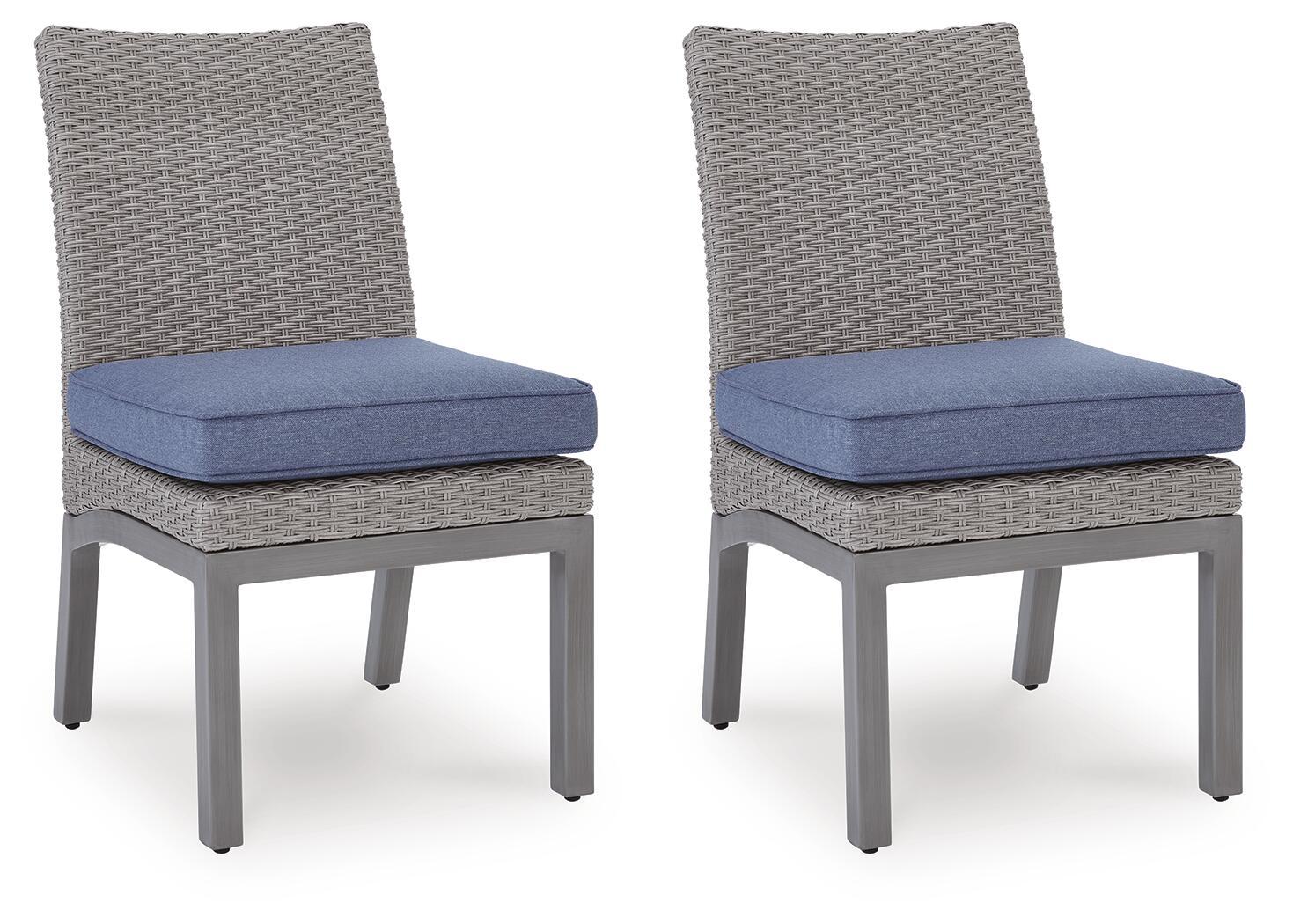 Set of 2 outdoor side chairs with blue seat cushions and gray woven backs