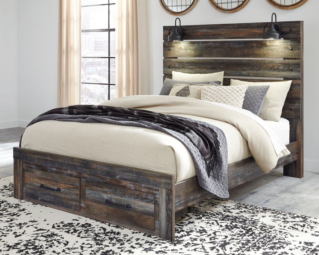 Panel bed with dark distressed wood frame, slat headboard, and cream-and-gray bedding