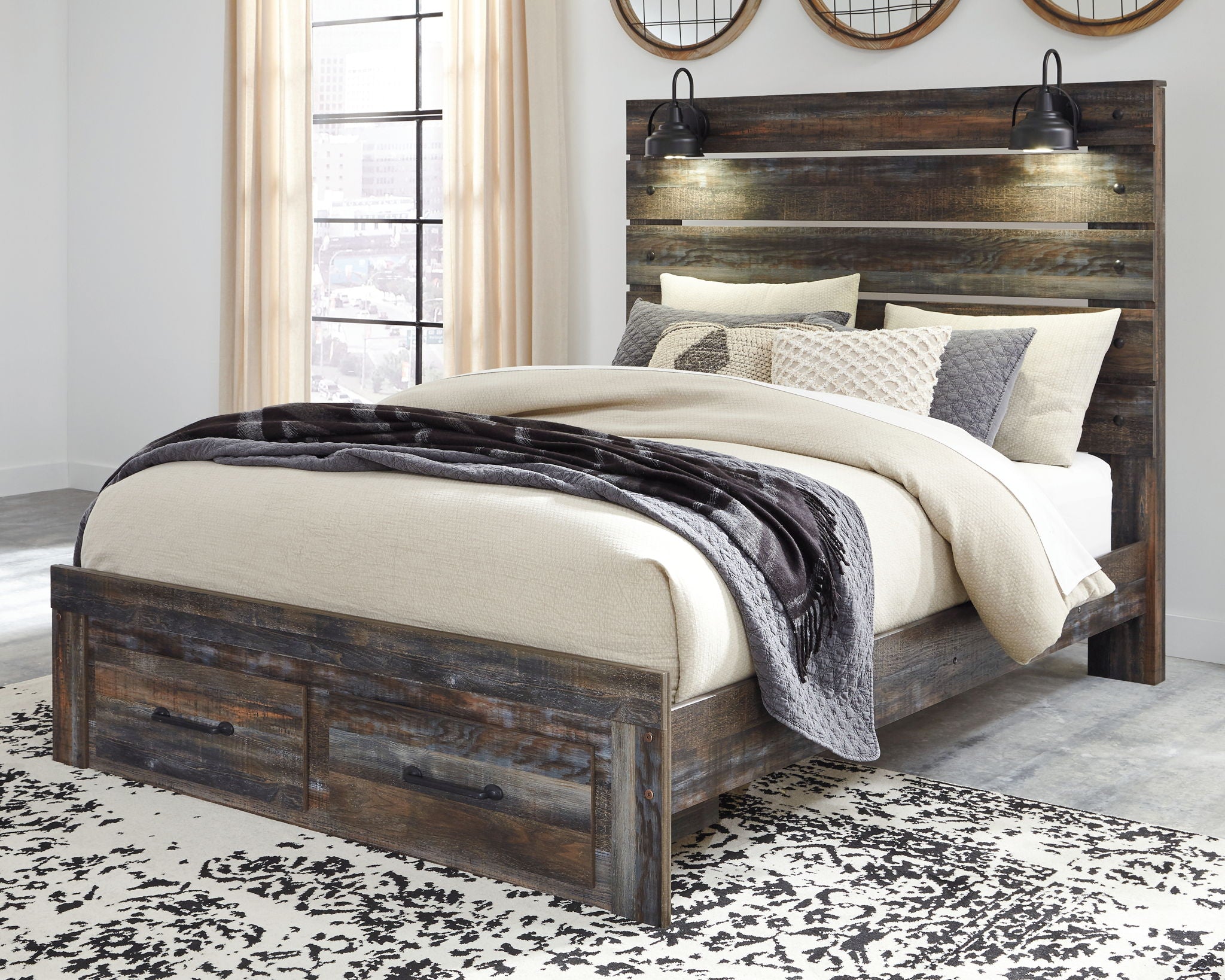 Panel bed with dark distressed wood frame, slat headboard, and cream-and-gray bedding