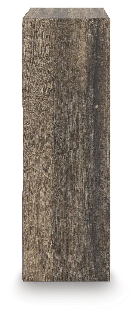 Dark brown cube organizer end panel with wood-grain finish and visible frame