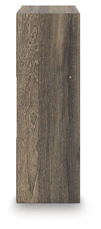 Dark brown cube organizer end panel with wood-grain finish and visible frame
