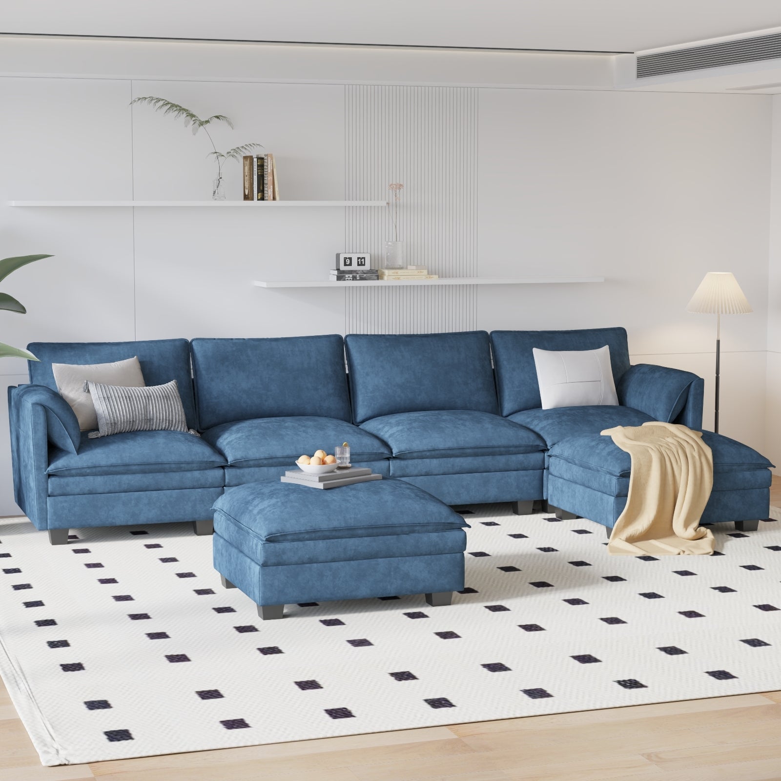 Large U-Shaped 6-Seater Sofa w/ Ottoman & Pockets