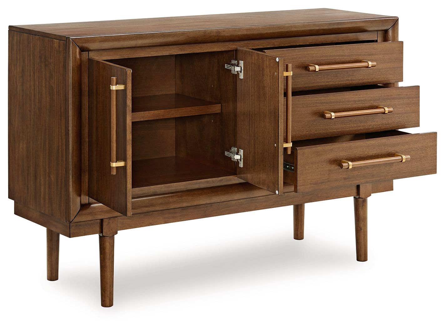 Brown dining room server with open shelves, two doors, and three drawers with pulls.