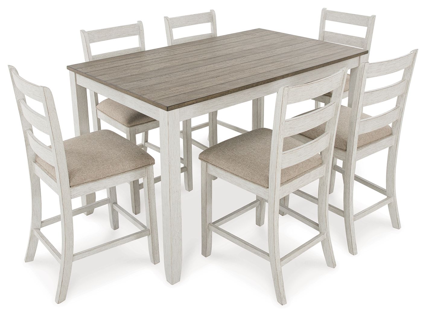 White dining table with light brown top and four bar stools with beige seat cushions
